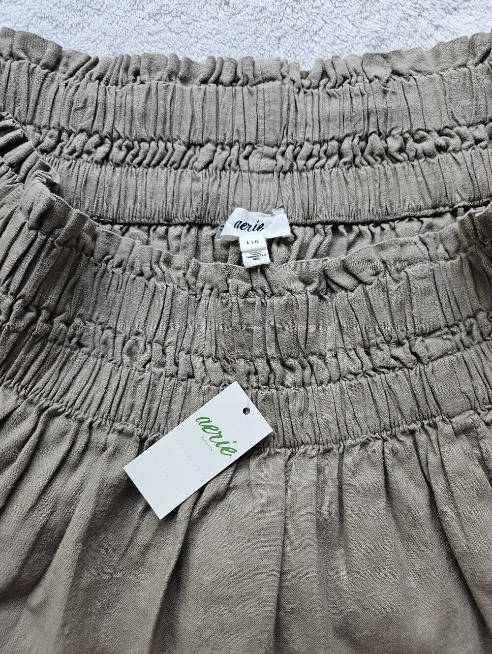 Aerie Linen Blend Embroidered Mini Skirt Brown Khaki Sz L Boho Smocked Waist - Picture 3 of 10